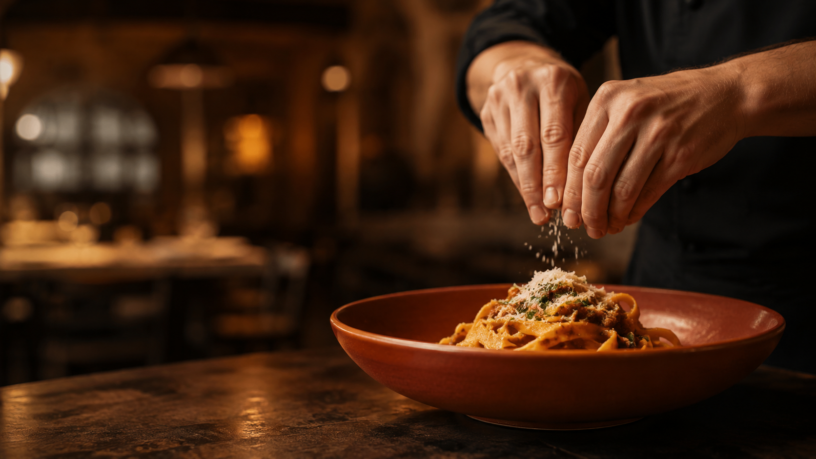Kok raspt Parmezaanse kaas over een verse pasta bij Da Marlotti